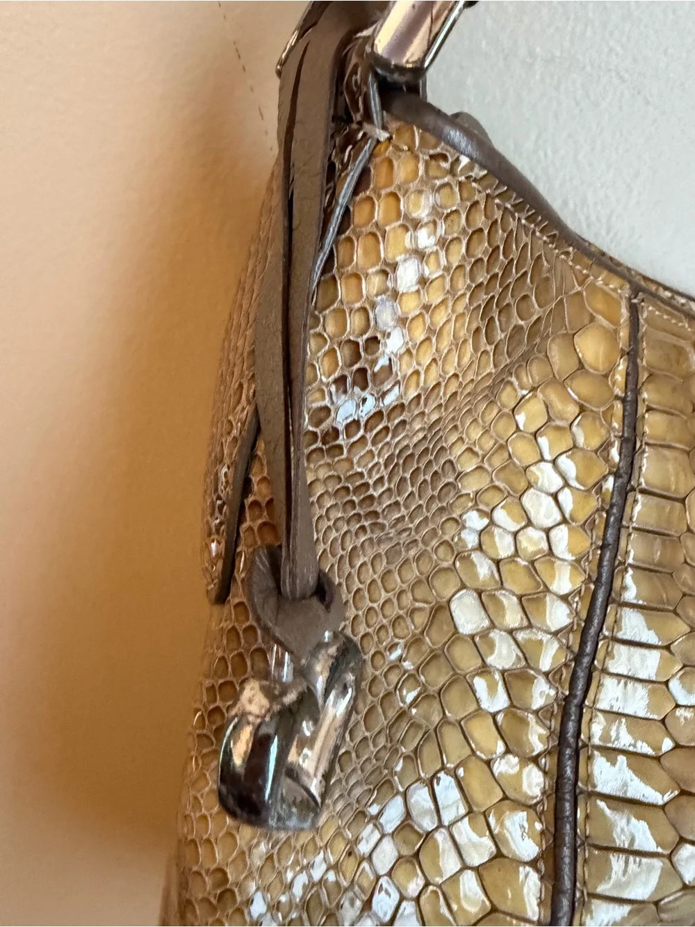 Y2K Brighton Snake Print Gold Patent Leather Shoulder Bag Bohemian Festival